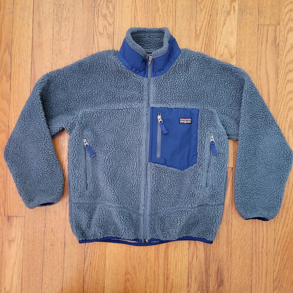 Patagonia Youth M Blue Fleece Jacket Full‎ Zip Insulated Deep Pile Coat Retro X